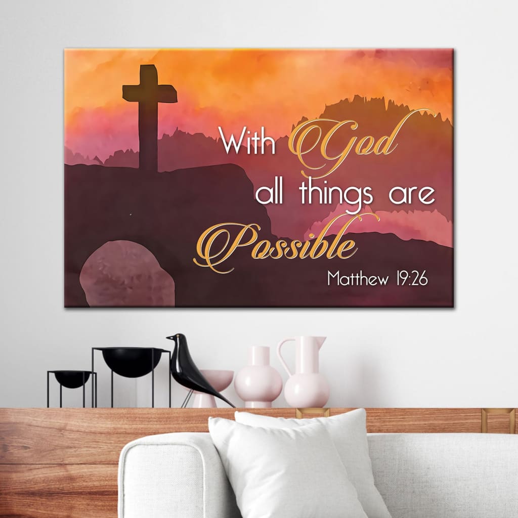 Matthew 1926 With God All Things Are Possible Cross Mountain Wall Art Canvas – Religious Wall Decor