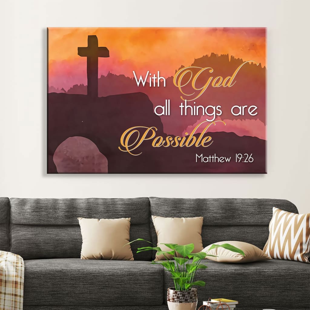 Matthew 1926 With God All Things Are Possible Cross Mountain Wall Art Canvas – Religious Wall Decor