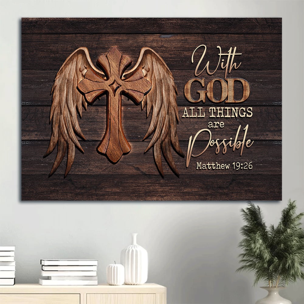 Memorial Angel Wings Unique Cross Memorial Gift For Family Members With God All Things Are Possible Canvas Wall Art – Christian Wall Decor