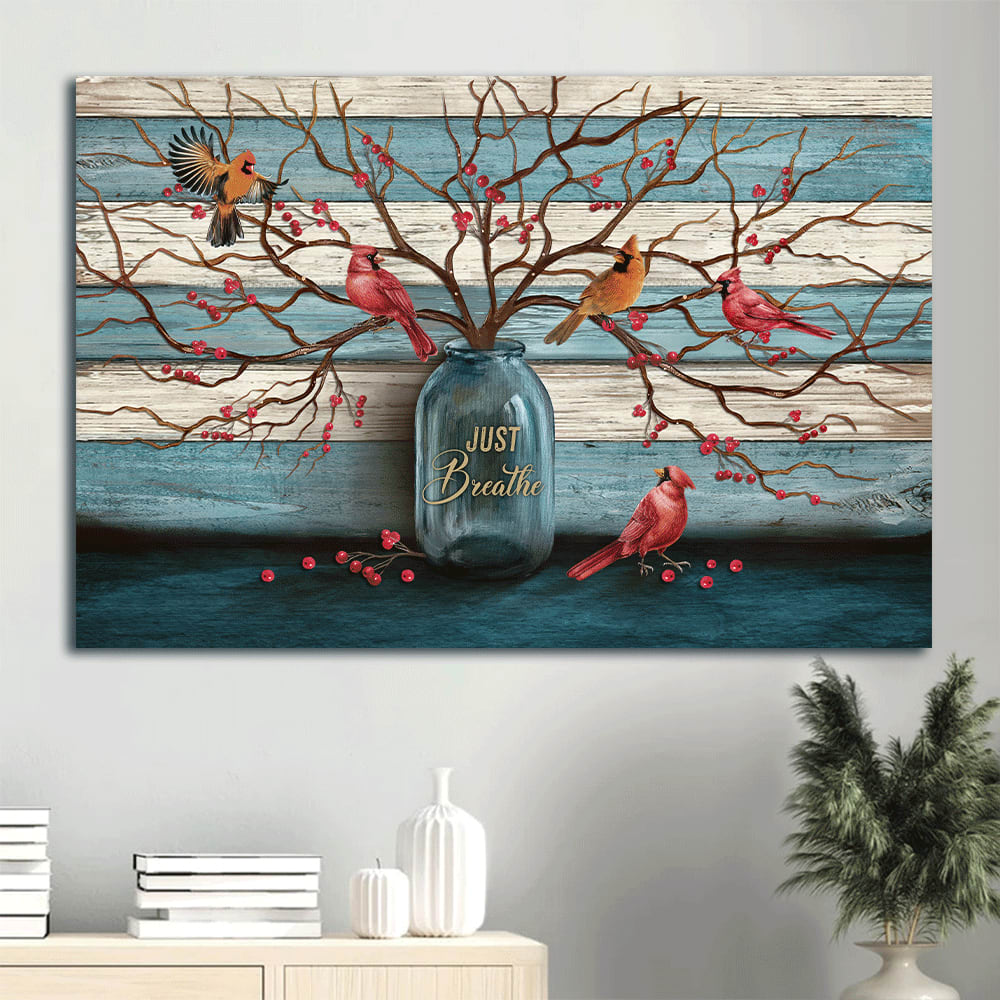 Memorial Beautiful Cranberry Tree Cardinal Painting Blue Background Memorial Gift For Family Members Just Breathe Canvas Wall Art – Christian Wall Decor