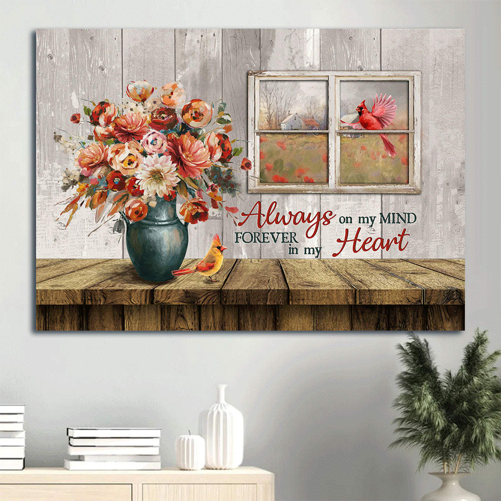 Memorial Brilliant Rose Flower Red Cardinal Vintage Window Canvas Always On My Mind Canvas Wall Art – Christian Wall Decor