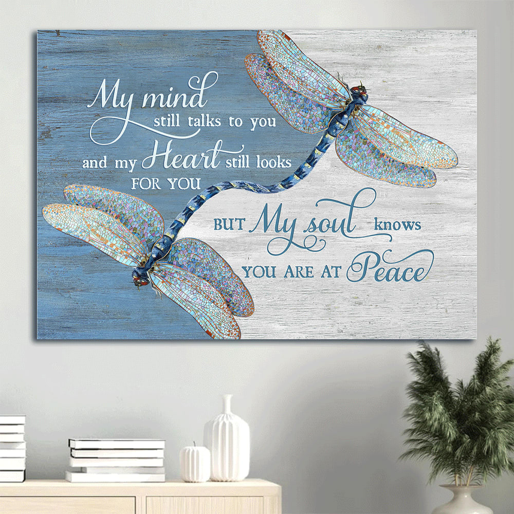 Memorial Dragonfly Painting Blue Background Canvas Gift For Members Family My Mind Still Talks To You Canvas Wall Art – Christian Wall Decor