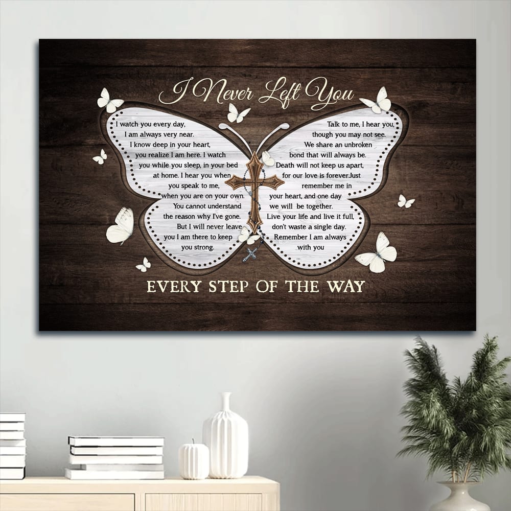 Memorial White Butterfly Wooden Background The Holy Cross Canvas Gift For Members Family I Never Left You Canvas Wall Art – Christian Wall Decor