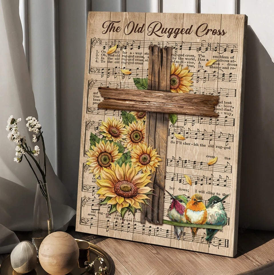 Music Sheet Colorful Hummingbird Sunflower The Old Rugged Cross Canvas Wall Art – Christian Wall Posters – Religious Wall Decor