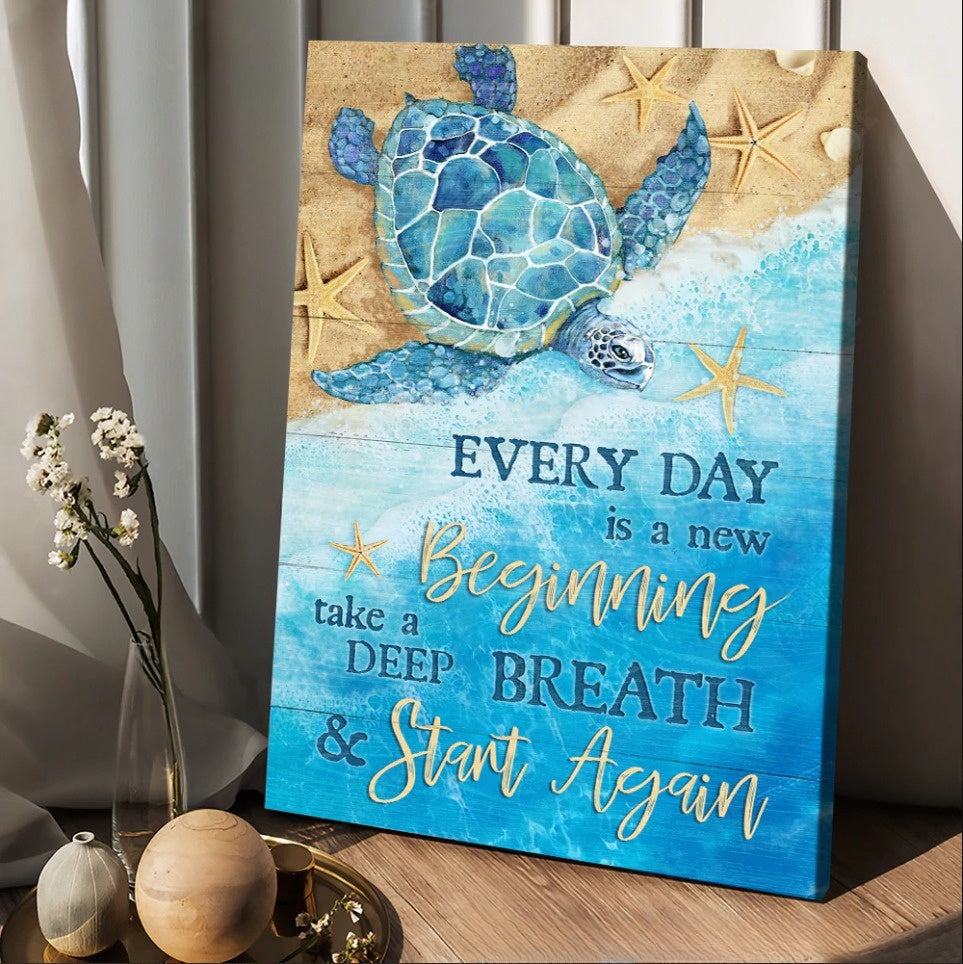 Ocean Painting Turtle Every Day Is A New Beginning Canvas Wall Art – Christian Wall Posters – Religious Wall Decor