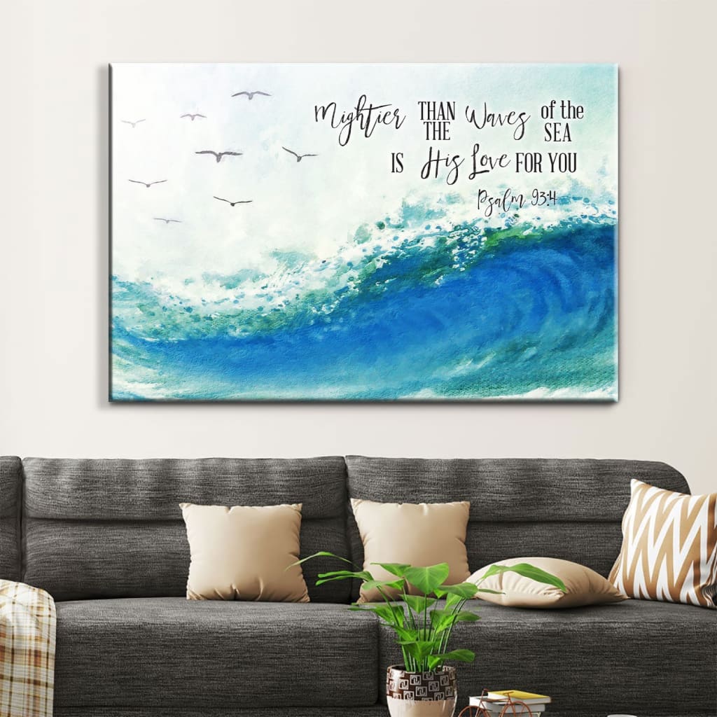 Ocean Waves, Mightier Than The Waves Of The Sea Is His Love For You, Bible Verse Wall Art Canvas – Religious Wall Decor