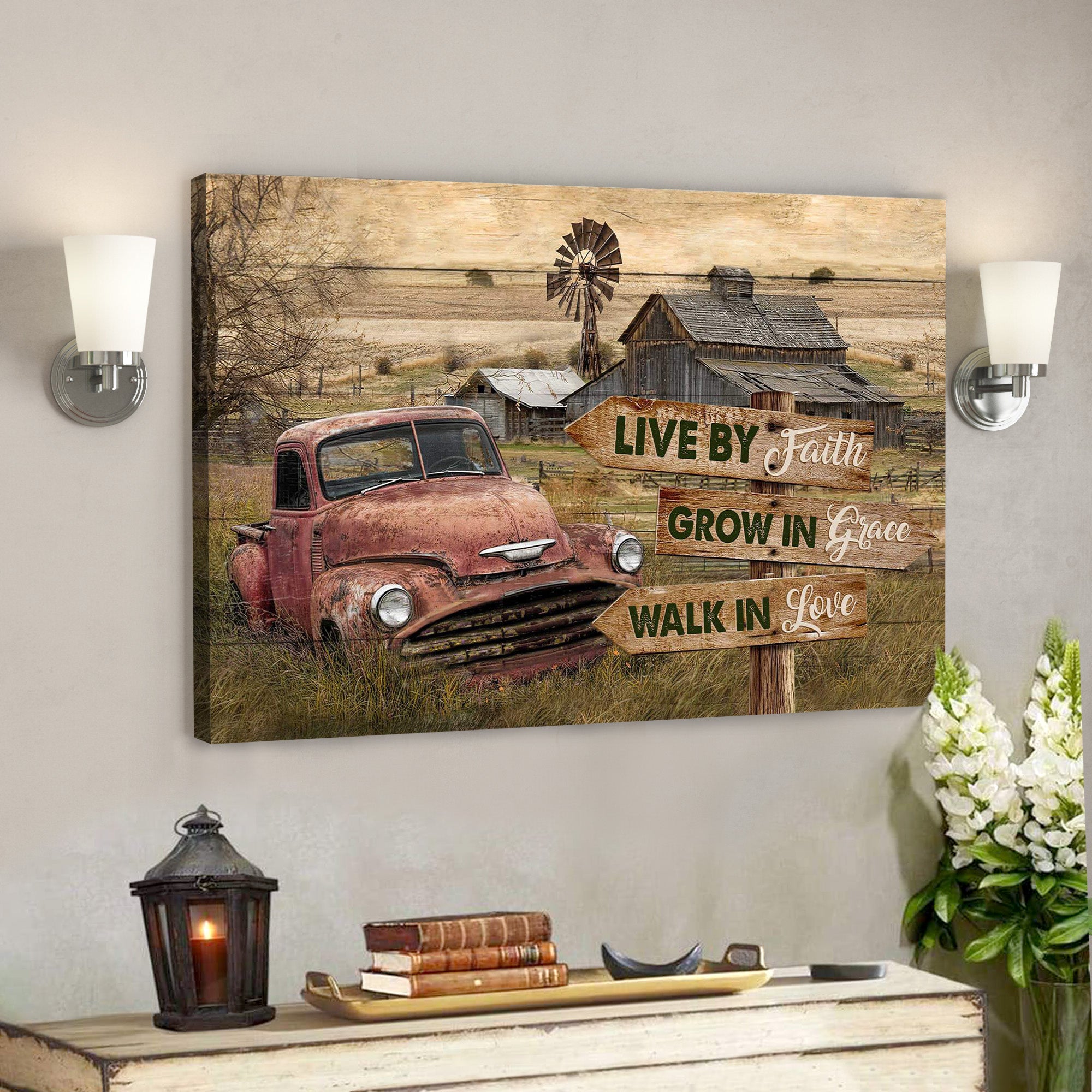 Old Car On Farm – Live By Faith – Bible Verse Canvas – Scripture Canvas Wall Art