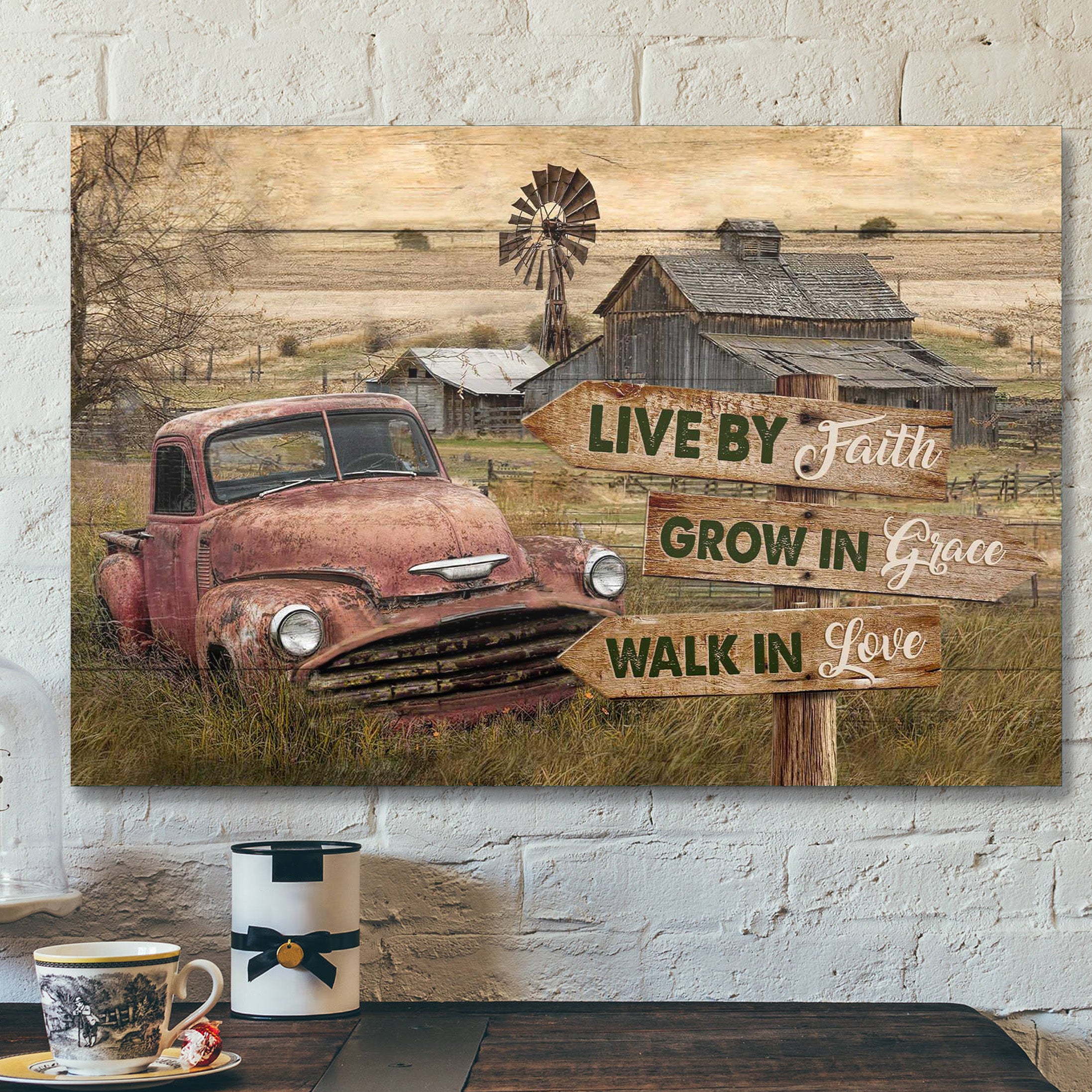 Old Car On Farm – Live By Faith – Bible Verse Canvas – Scripture Canvas Wall Art