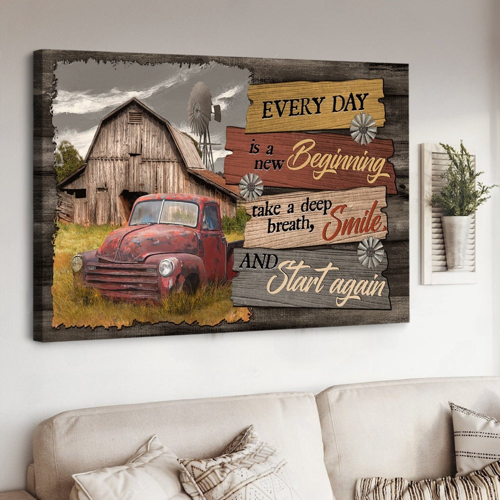 Old Car Wooden Barn Windmill Every Day Is A New Beginning Canvas Wall Art – Christian Poster – Religious Wall Decor