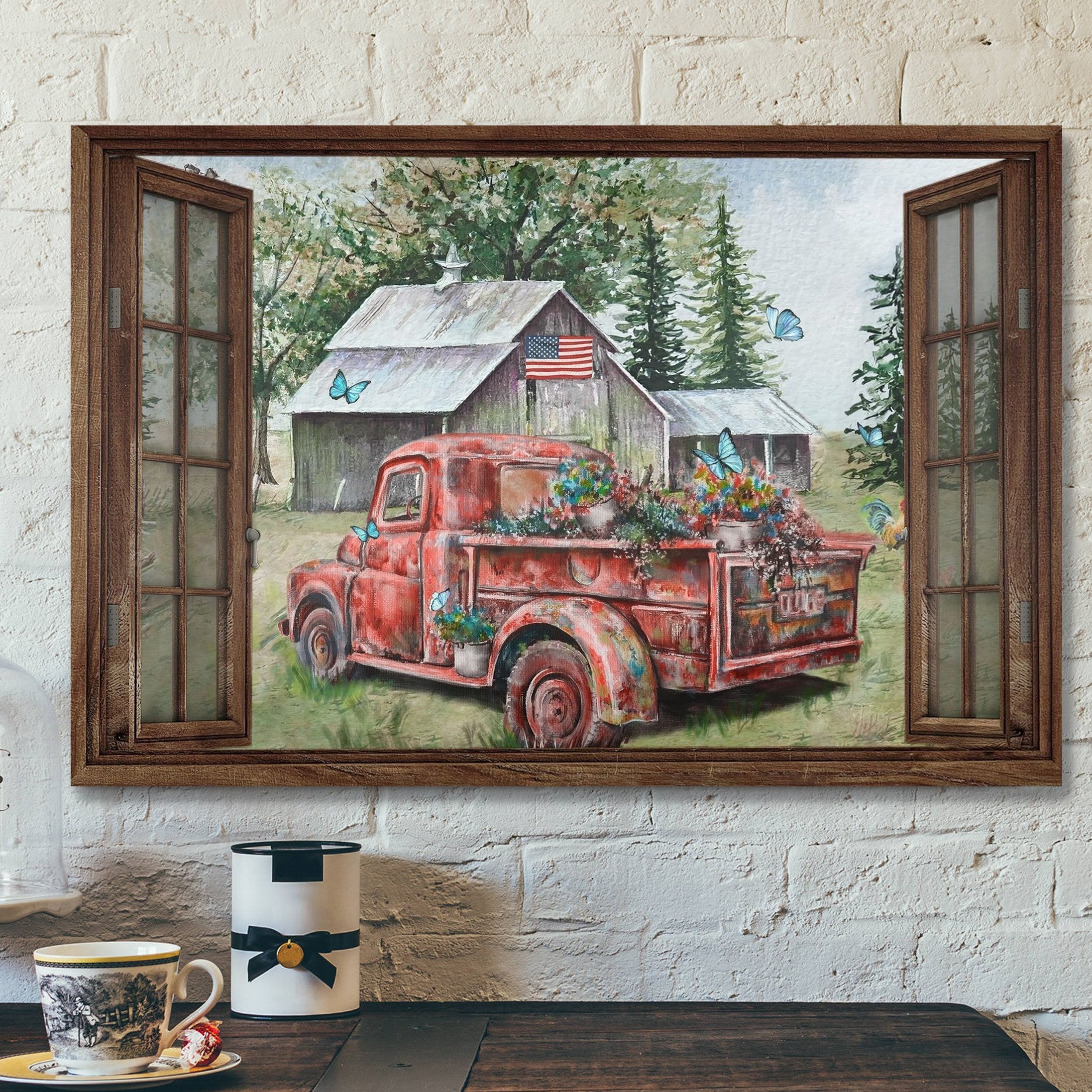 Old Red Truck On Peaceful Farm Canvas Wall Art