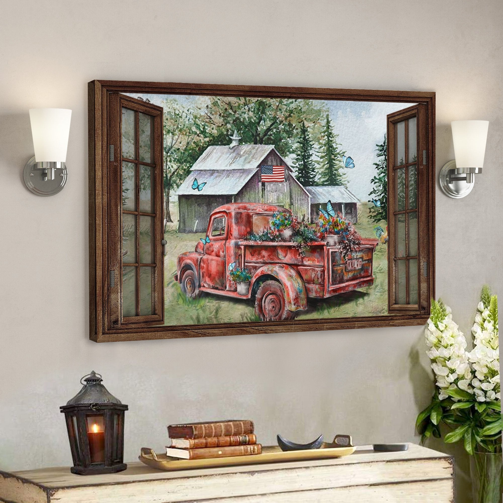 Old Red Truck On Peaceful Farm Canvas Wall Art