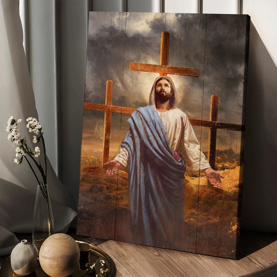 Old Rugged Cross Jesus Painting Black Cloud Canvas Wall Art – Christian Wall Posters – Religious Wall Decor