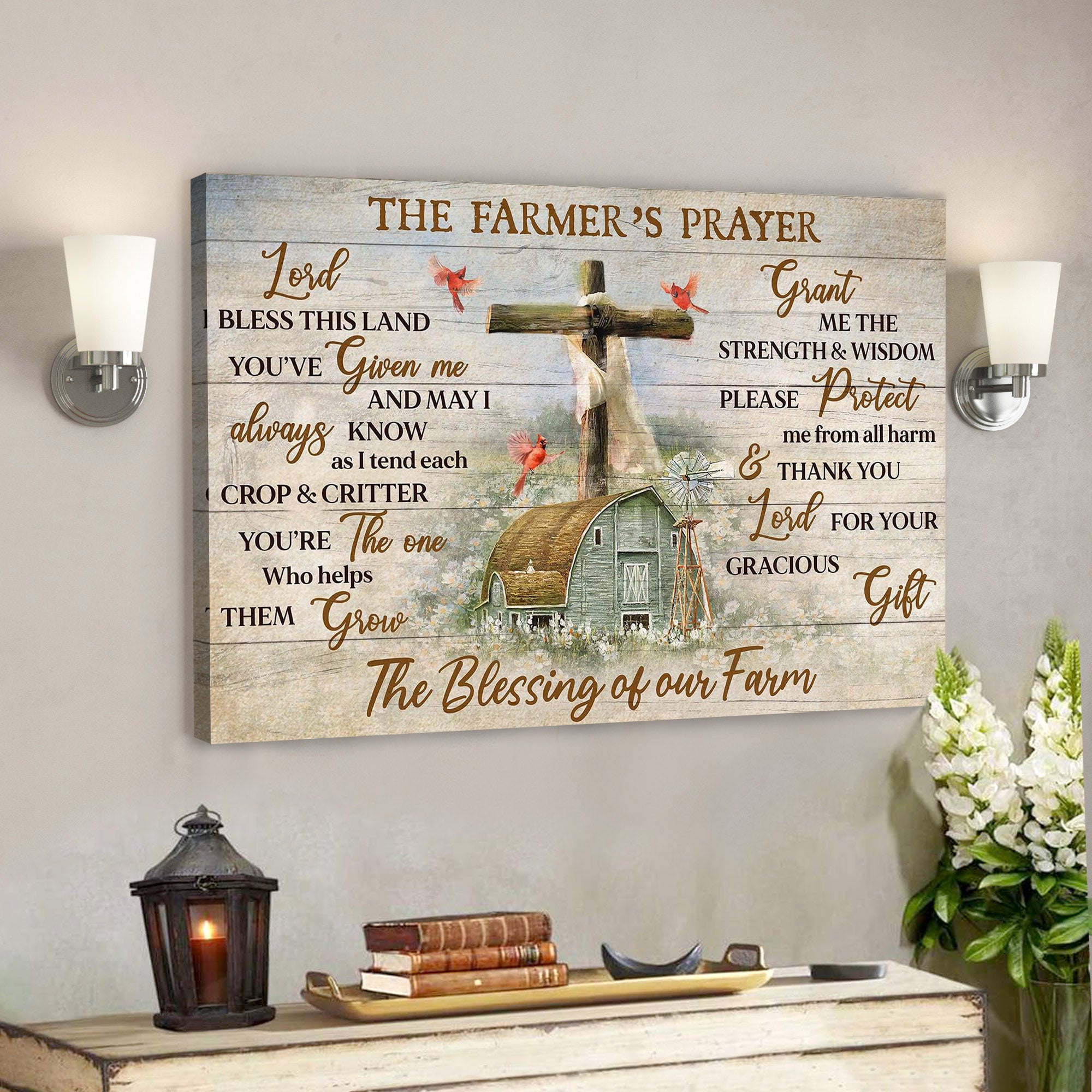 Peaceful Farm And Cardinal – The Farmer’s Prayer – Bible Verse Canvas – Scripture Canvas Wall Art