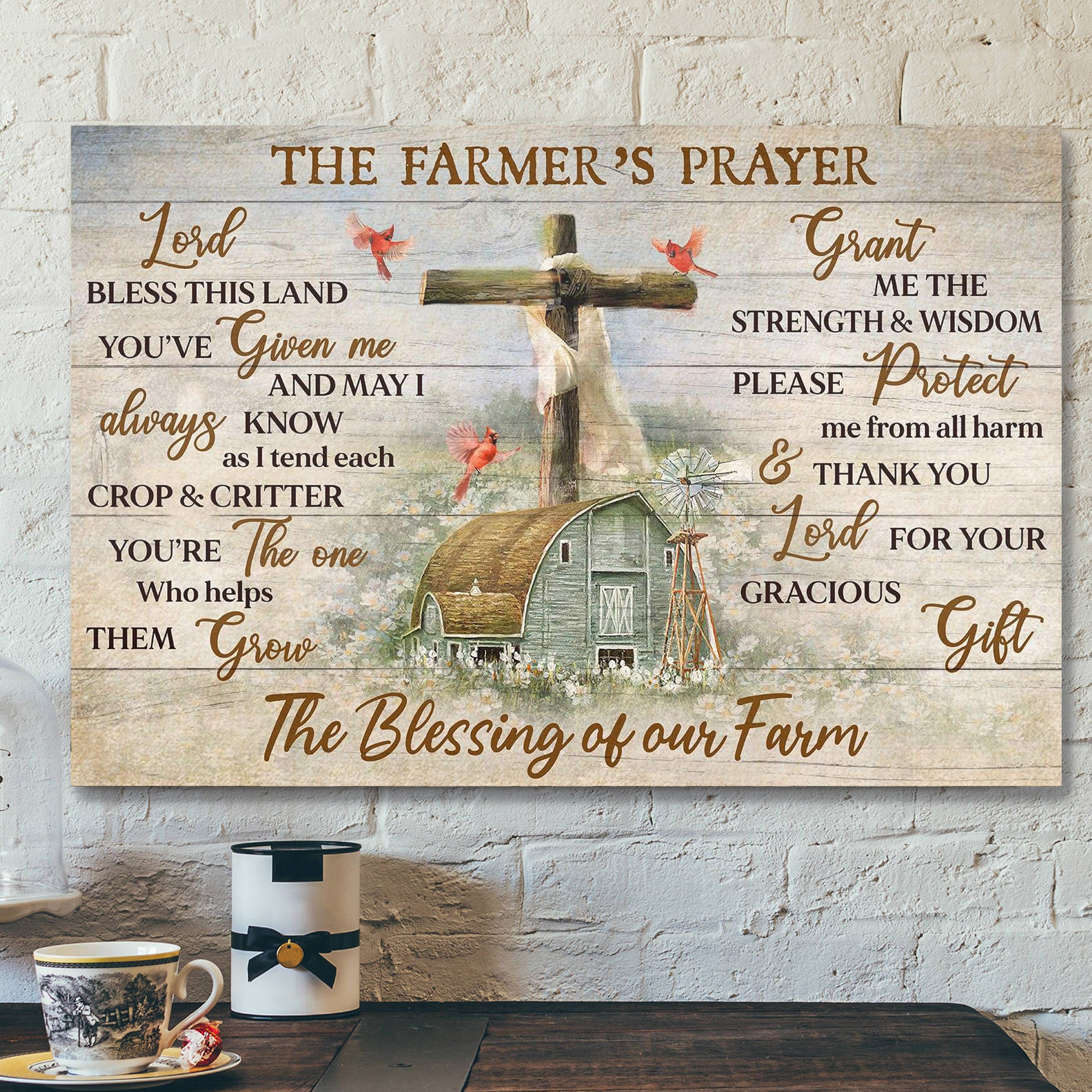 Peaceful Farm And Cardinal – The Farmer’s Prayer – Bible Verse Canvas – Scripture Canvas Wall Art