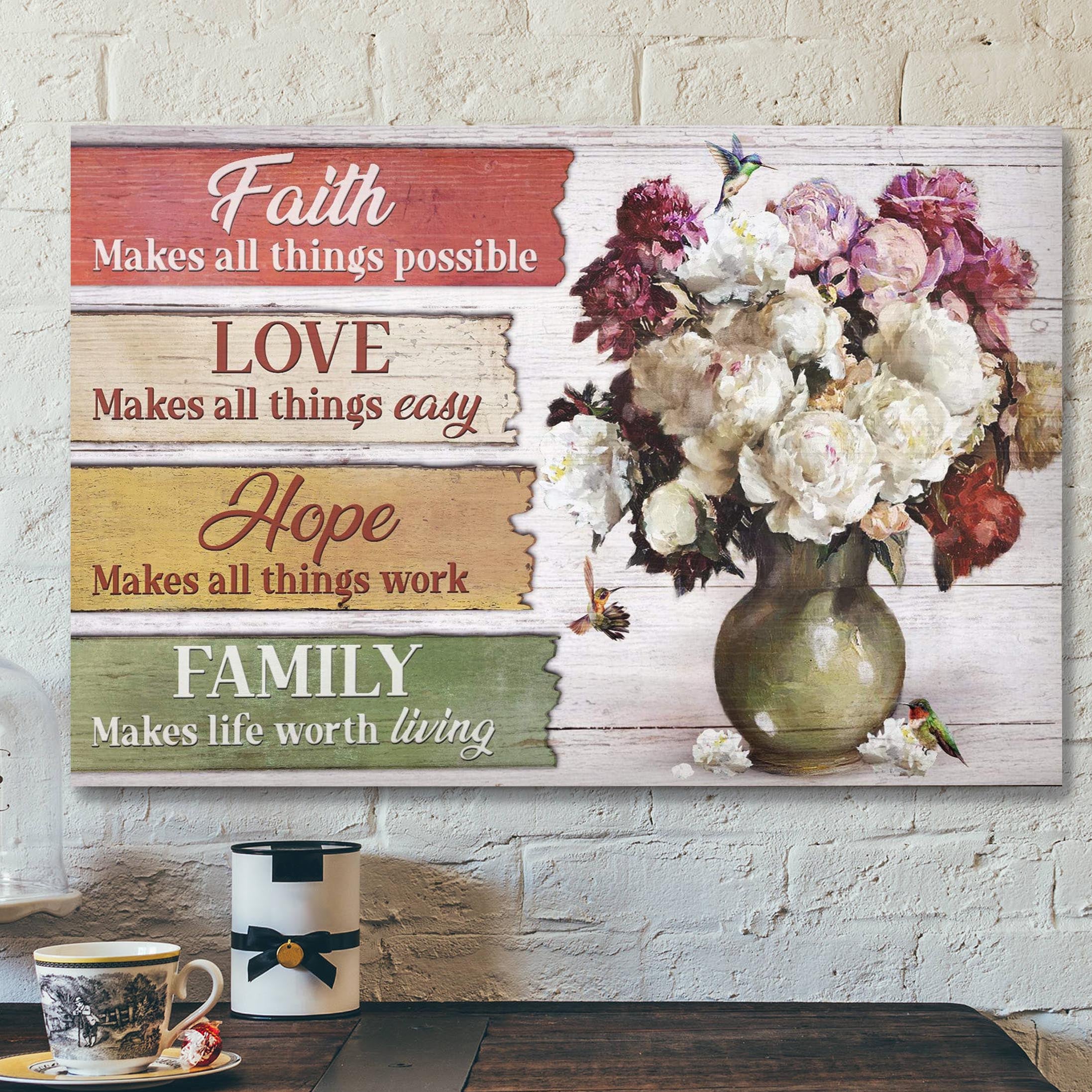 Peonies In Green Vintage Vase – Faith Hope Love Family Canvas Wall Art – Bible Verse Canvas – Scripture Canvas Wall Art