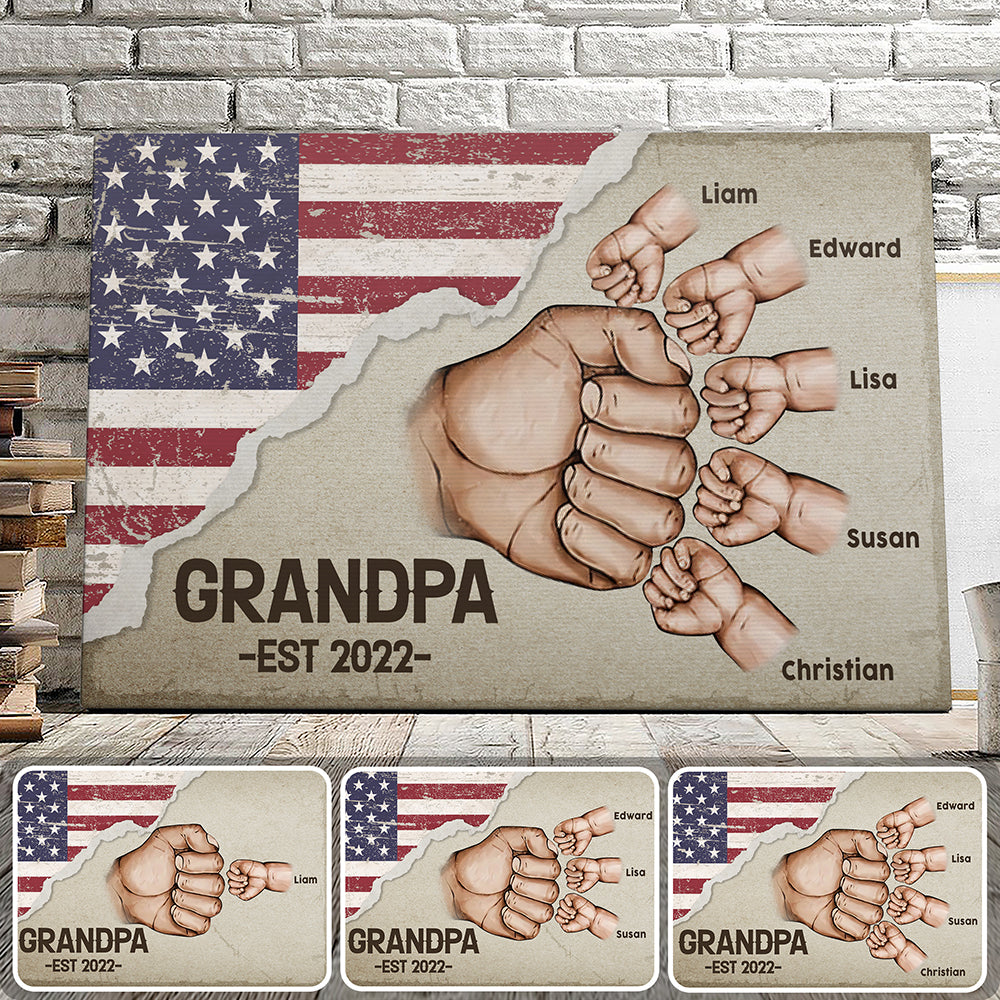 Personalized Grandpa Canvas Wall Art – Custom Grandkid Name Family Wall Art – House Decor – 4th Of July Wall Art