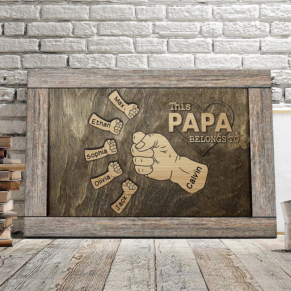 Personalized Papa Canvas Wall Art – Custom Name Dad & Kids Hands Flag Canvas – Gift Father Day