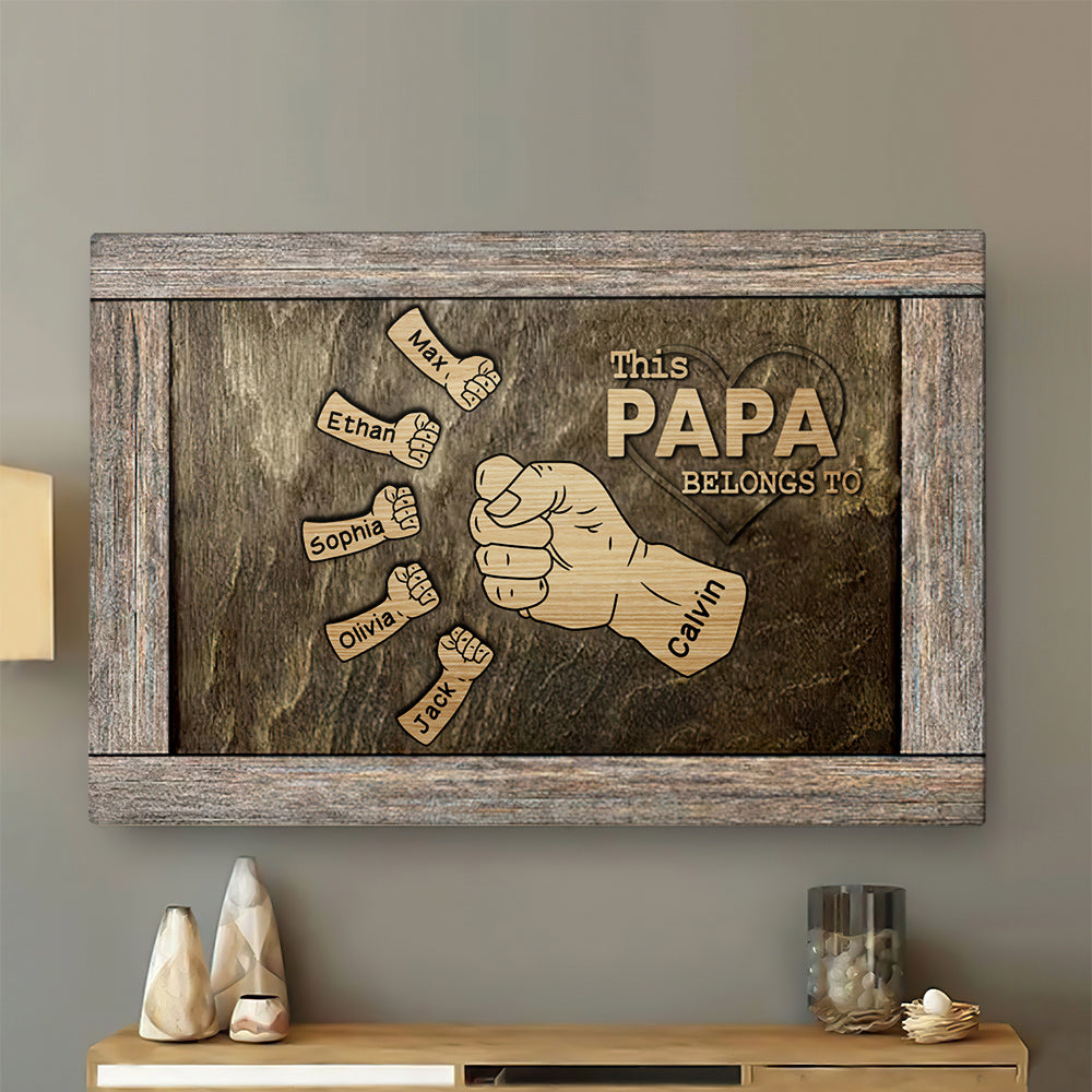 Personalized Papa Canvas Wall Art – Custom Name Dad & Kids Hands Flag Canvas – Gift Father Day