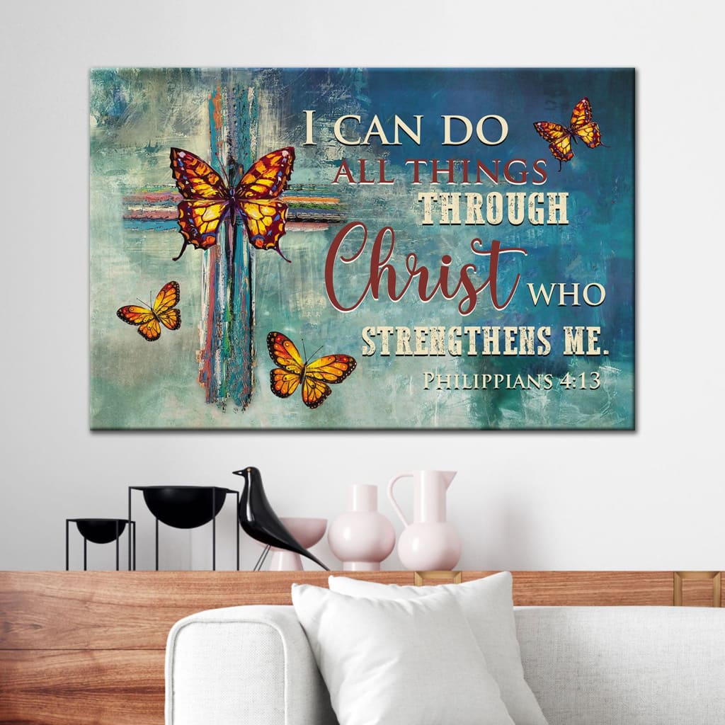 Philippians 413 I Can Do All Things Through Christ Wall Art Canvas, Butterflies Cross Christian Wall Decor – Religious Wall Decor