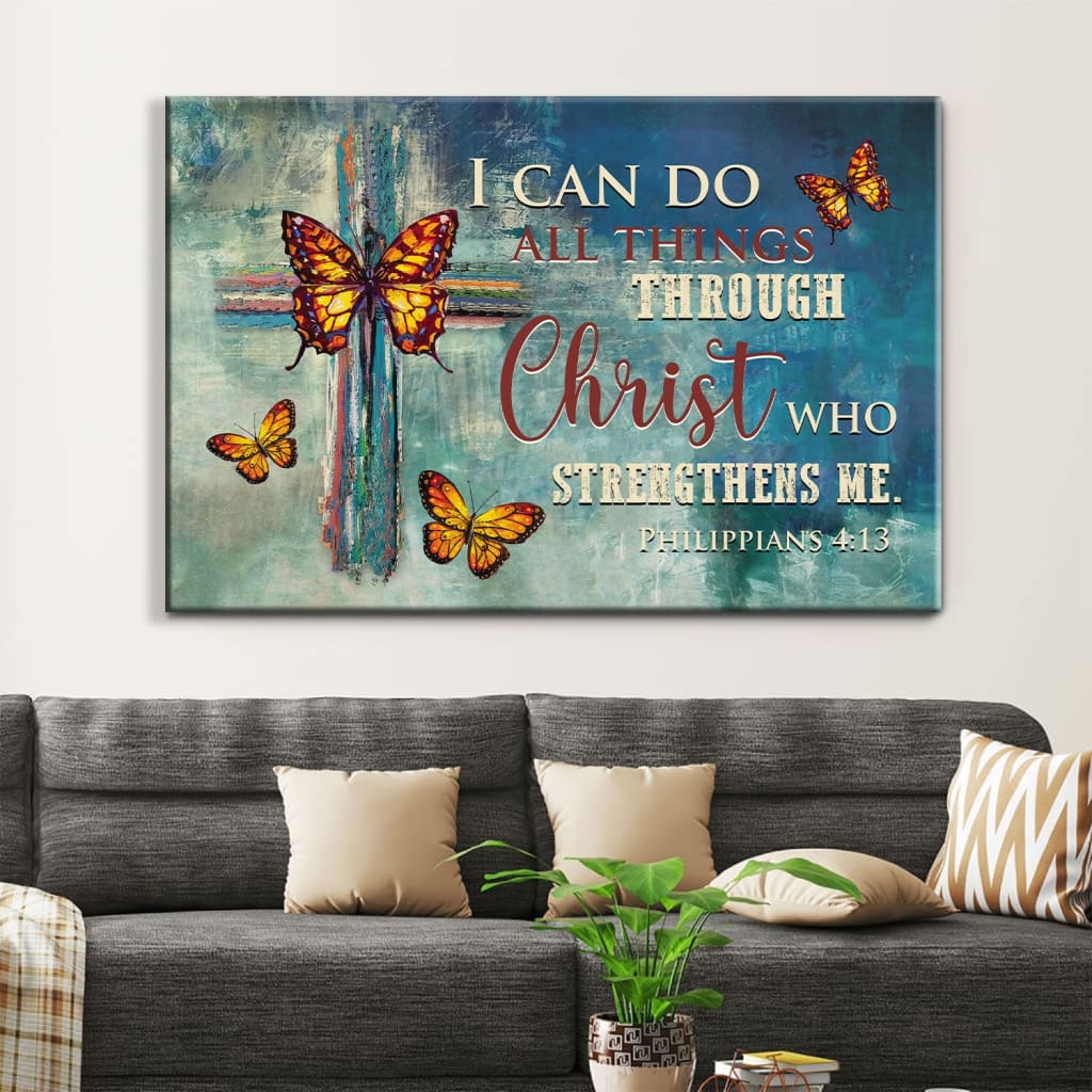 Philippians 413 I Can Do All Things Through Christ Wall Art Canvas, Butterflies Cross Christian Wall Decor – Religious Wall Decor