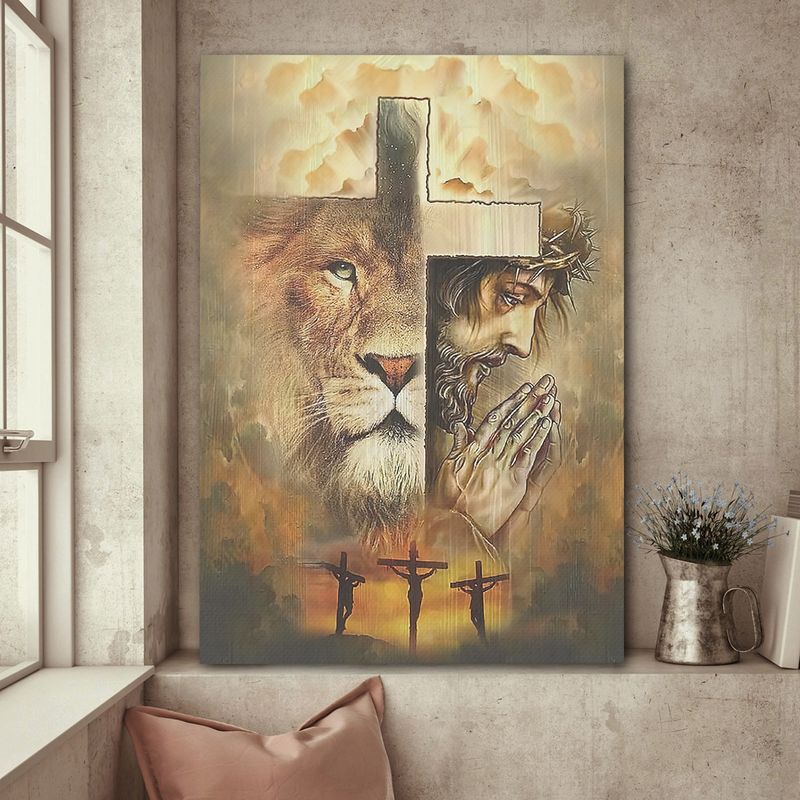 Praying With Jesus Lion Of Judah Cross Canvas Wall Art – Christian Wall Posters – Religious Wall Decor