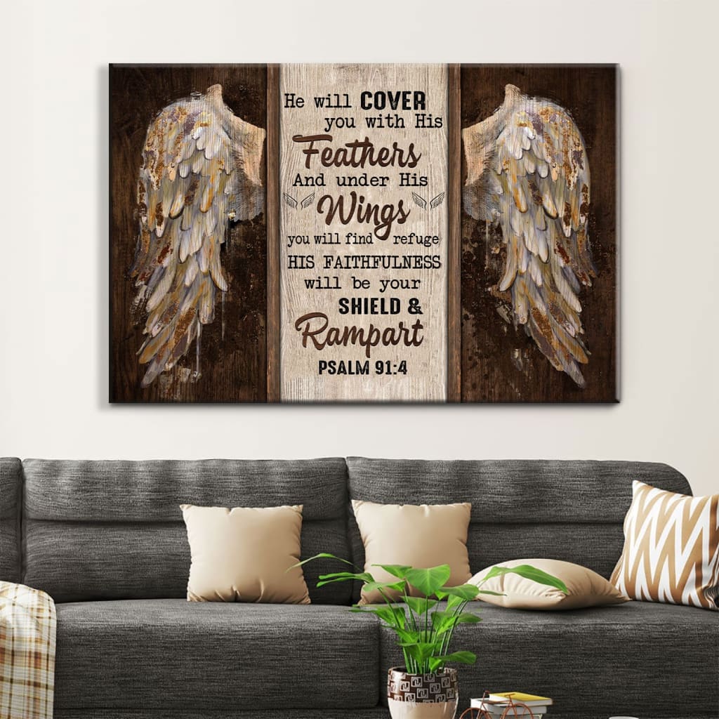 Psalm 914 He Will Cover You With His Feathers Wall Art Canvas, Bible Verse Wall Art Decor – Religious Wall Decor