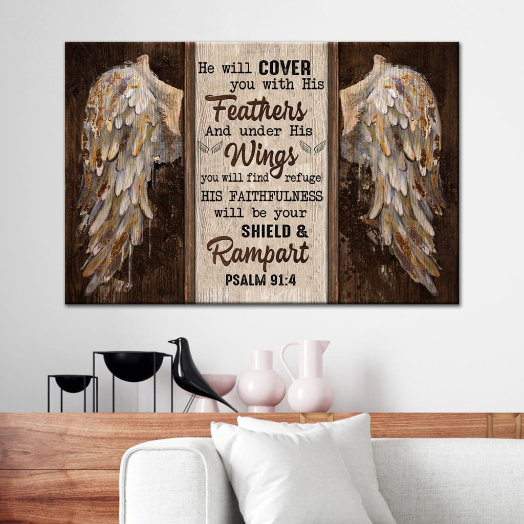 Psalm 914 He Will Cover You With His Feathers Wall Art Canvas, Bible Verse Wall Art Decor – Religious Wall Decor