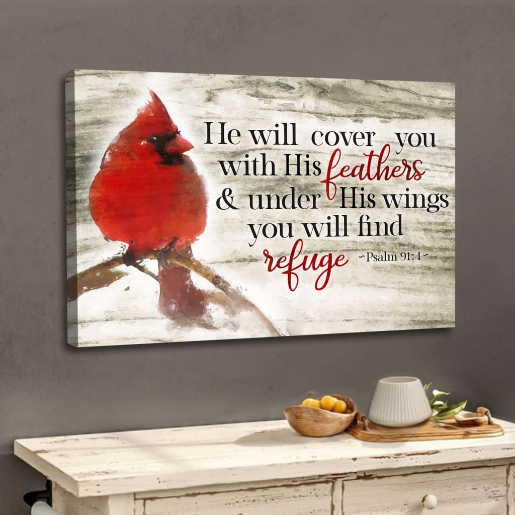 Psalm 914 He Will Cover You With His Feathers Wall Art Canvas, Cardinal Bird Christian Wall Decor – Religious Wall Decor