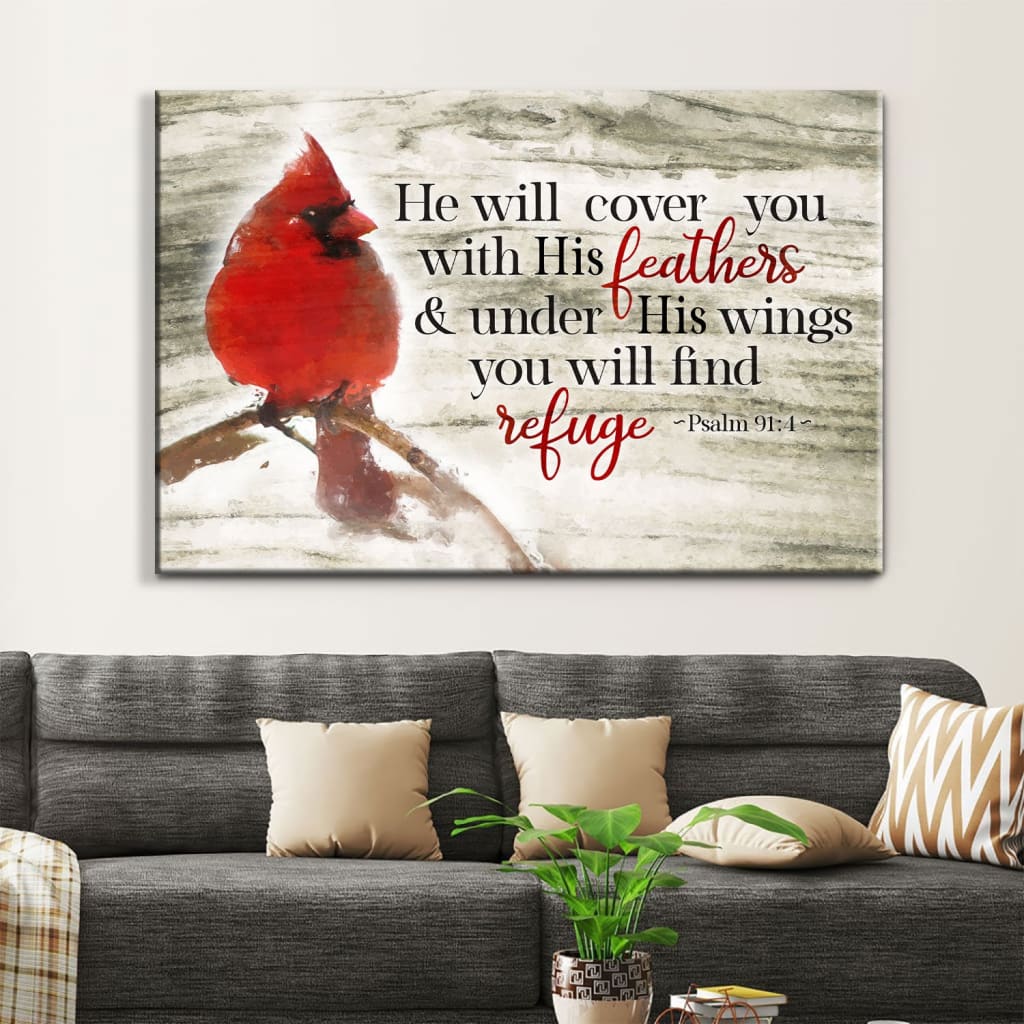 Psalm 914 He Will Cover You With His Feathers Wall Art Canvas, Cardinal Bird Christian Wall Decor – Religious Wall Decor