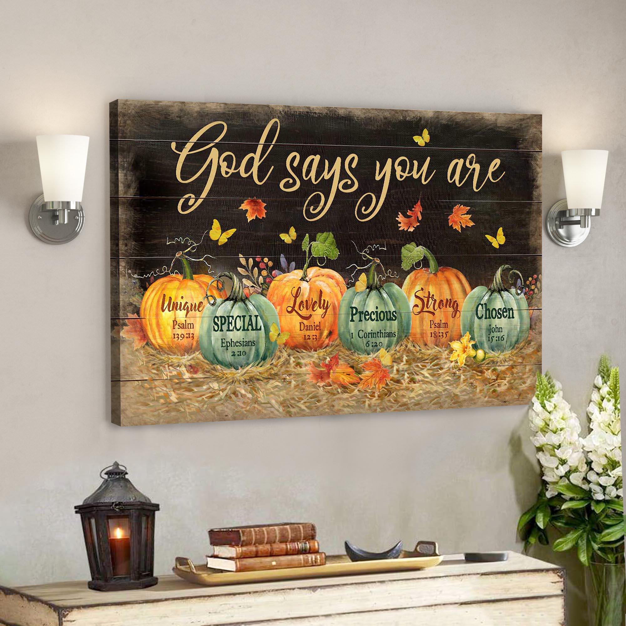 Pumpkin On Black Background – God Says You Are Canvas Wall Art – Bible Verse Canvas – Scripture Canvas Wall Art