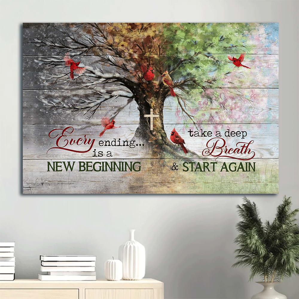 Red Cardinal Amazing Four Seasons Tree God Faith Framed Canvas Wall Art – Christian Wall Decor