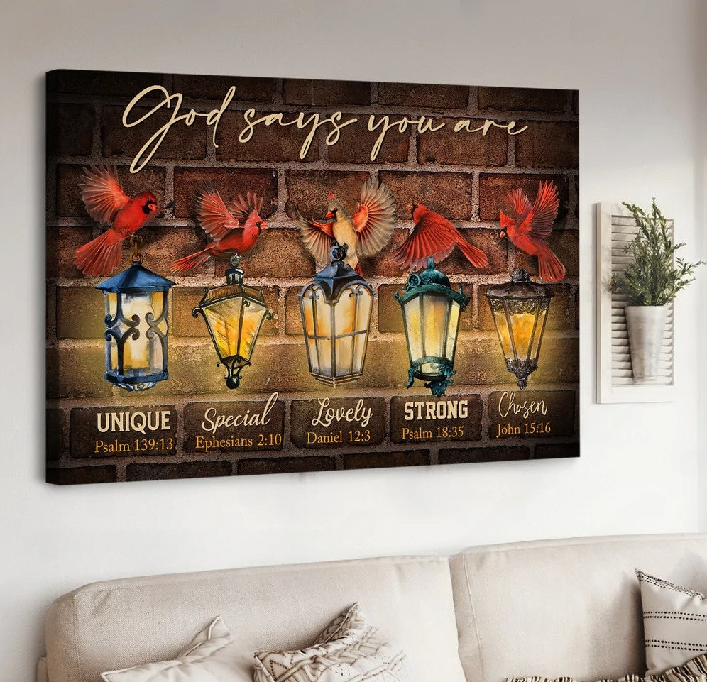 Red Cardinals Street Lamps God Says You Are Canvas Wall Art – Christian Poster – Religious Wall Decor