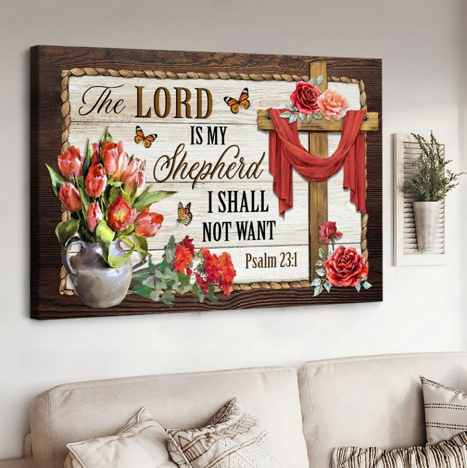 Red Tulip Rose Christ Cross The Lord Is My Shepherd Canvas Wall Art – Christian Poster – Religious Wall Decor