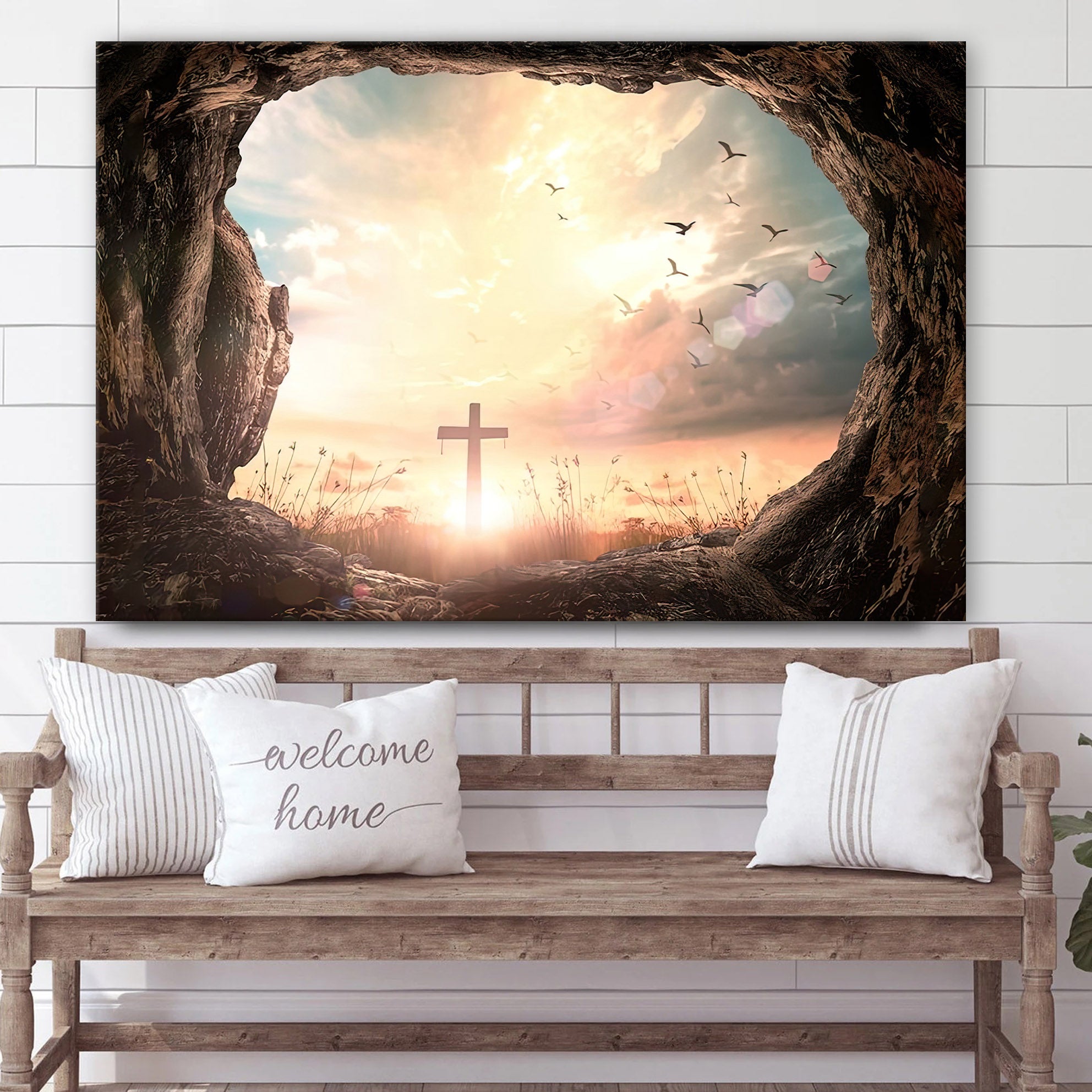 Resurrection Of Easter Sunday Empty Tomb Stone With Three Cross Canvas Pictures – Easter Canvas Wall Art