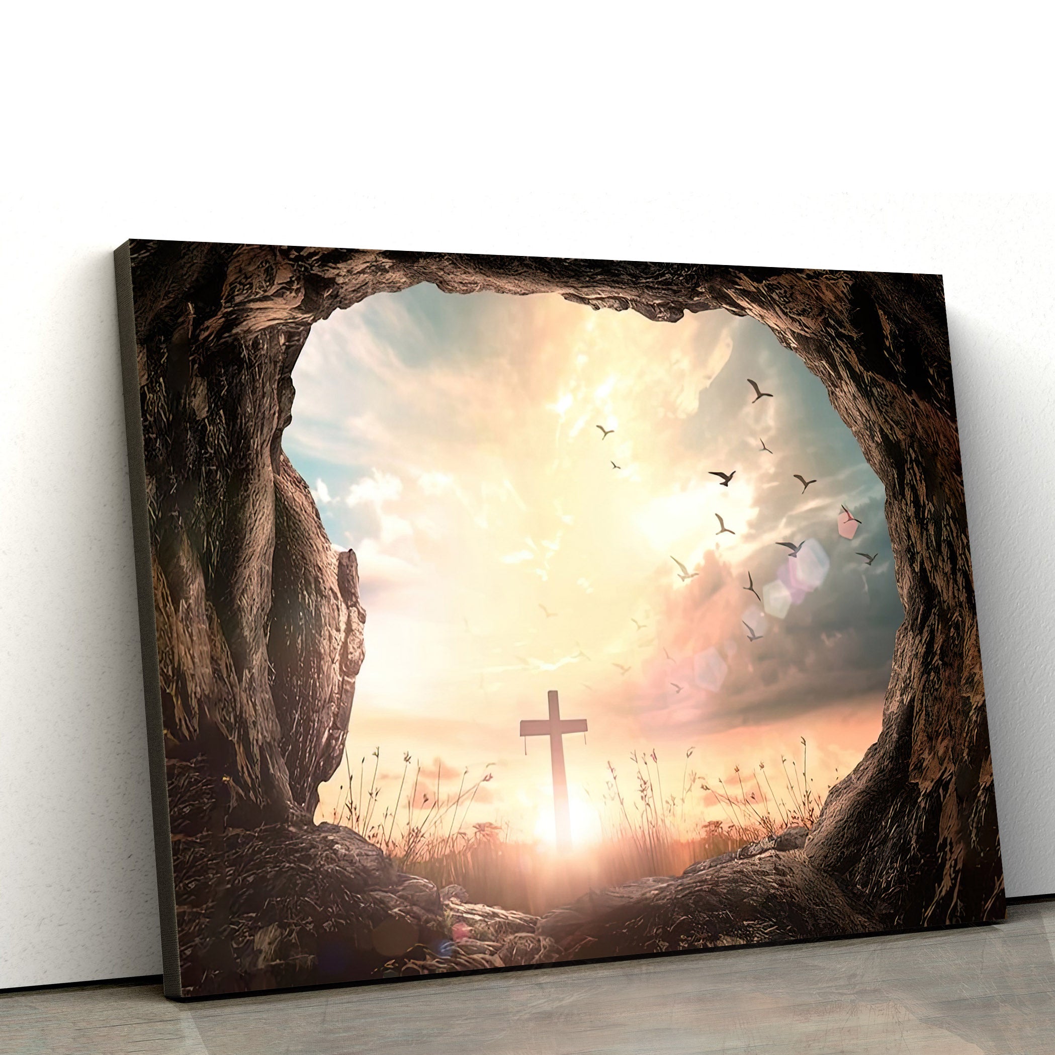 Resurrection Of Easter Sunday Empty Tomb Stone With Three Cross Canvas Pictures – Easter Canvas Wall Art