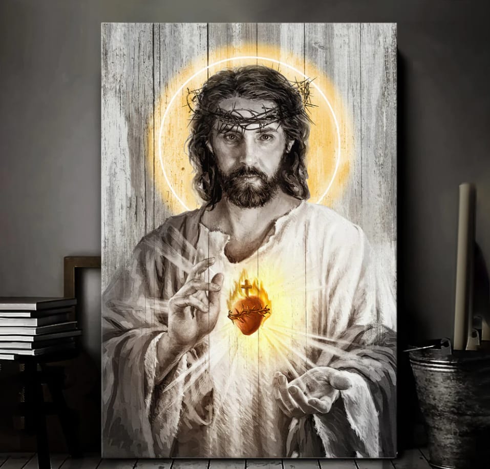 Sacred Heart Of Jesus Halo Light Canvas Wall Art – Christian Wall Posters – Religious Wall Decor