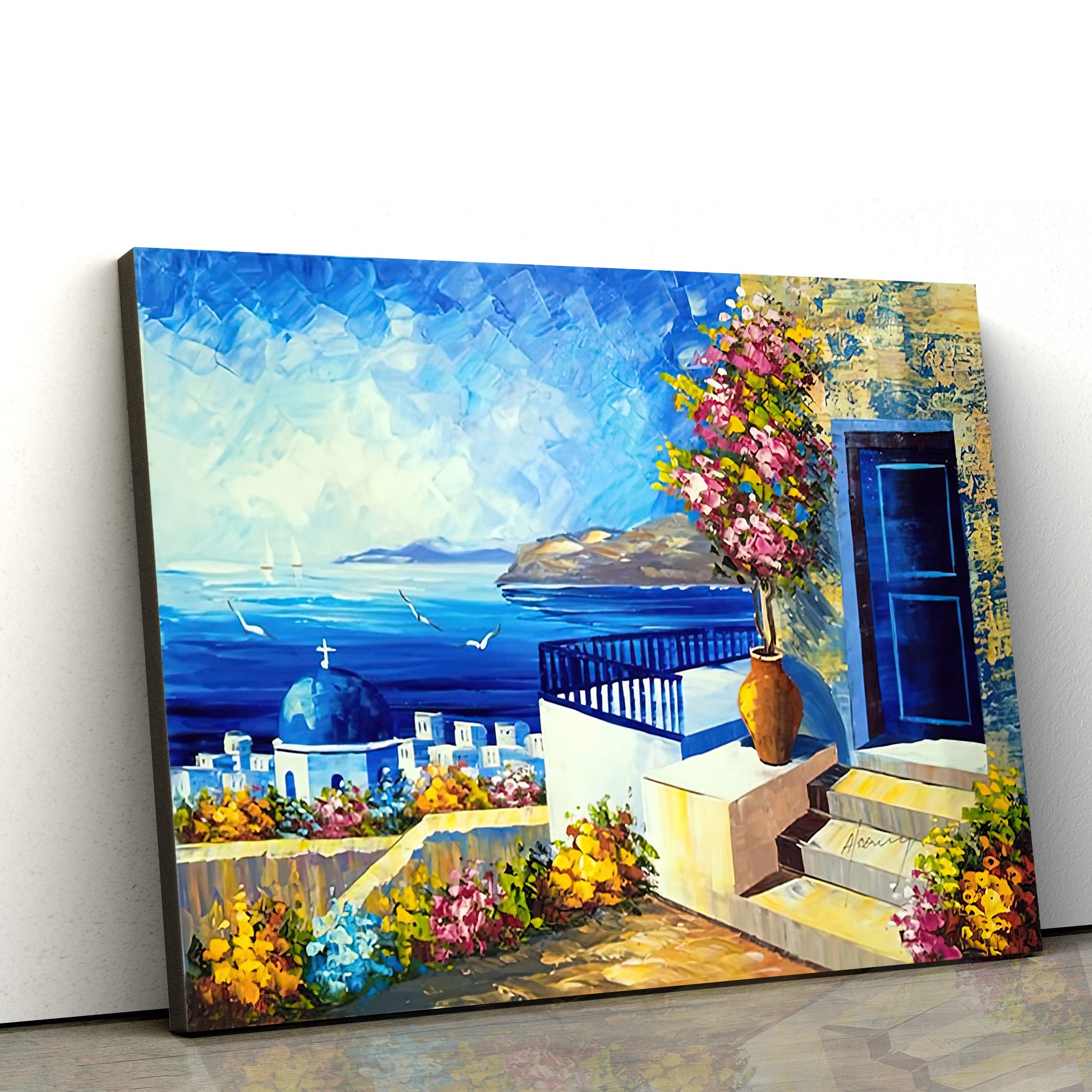 Santorini Oil Greece Island Painting Canvas Wall Art – Canvas Wall Decor – Home Decor Living Room