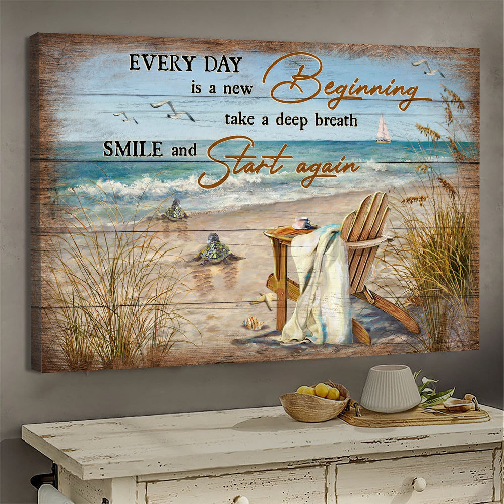 Sea Turtle On The Beach Every Day Is A New Beginning Canvas Wall Art – Christian Poster – Religious Wall Decor