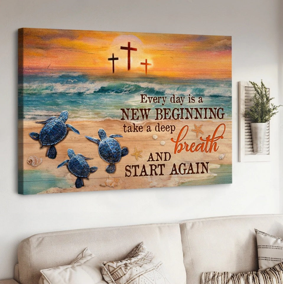 Sea Turtle Pretty Sunset Deep Ocean Cross Every Day Is A New Beginning Canvas Wall Art – Christian Poster – Religious Wall Decor