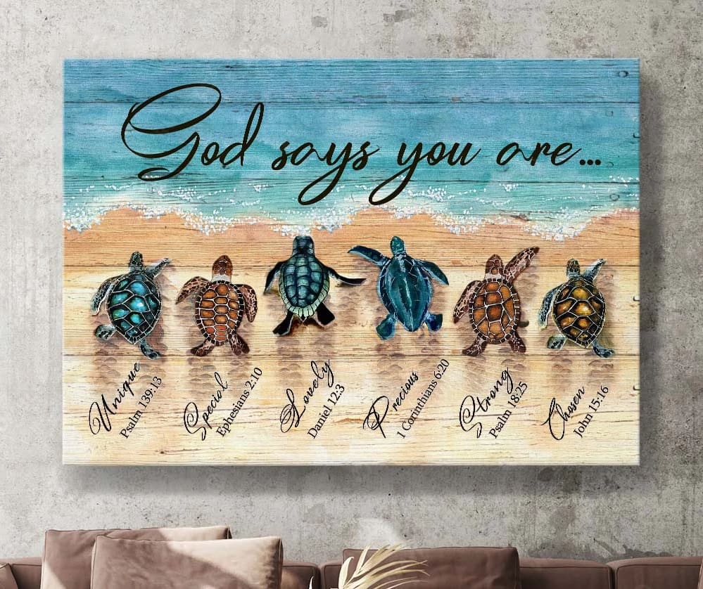 Sea Turtle Sand Beach Painting God Says You Are Canvas Wall Art – Christian Poster – Religious Wall Decor