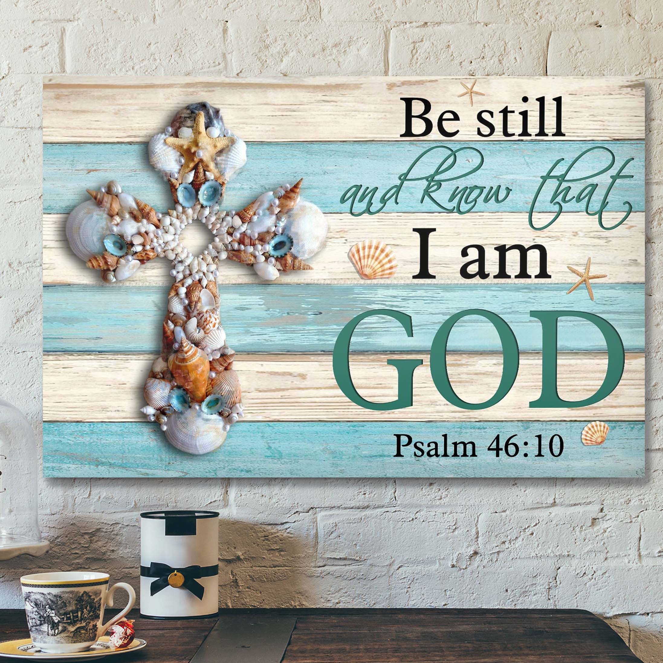 Seashell Cross – Be Still And Know That I Am God Canvas Wall Art – Bible Verse Canvas – Scripture Canvas Wall Art