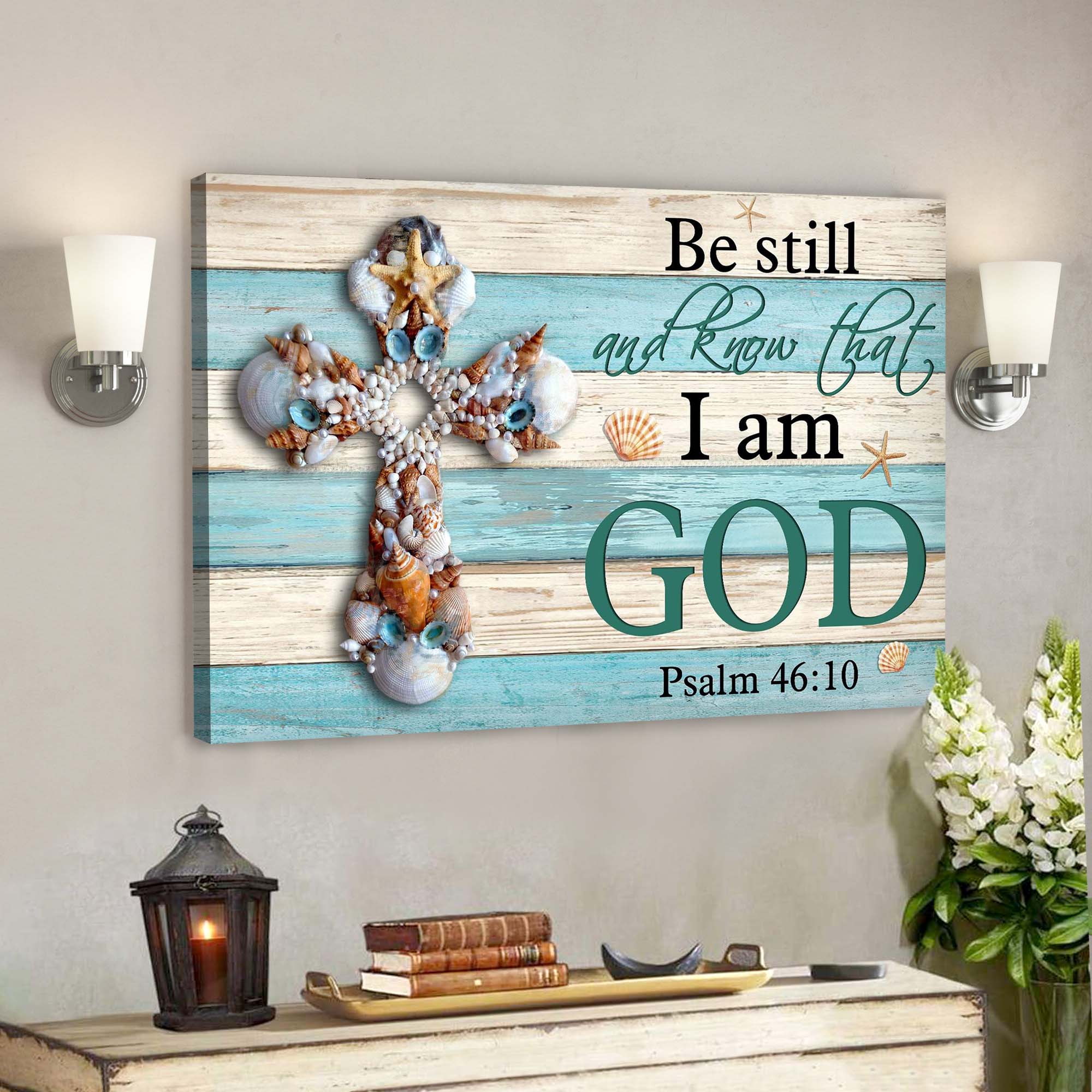 Seashell Cross – Be Still And Know That I Am God Canvas Wall Art – Bible Verse Canvas – Scripture Canvas Wall Art