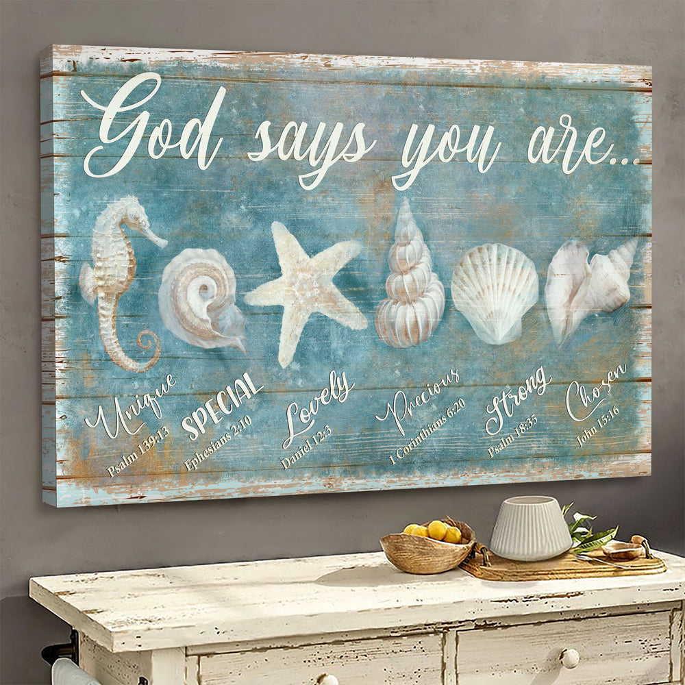 Seashells Painting God Says You Are Canvas Wall Art – Christian Poster – Religious Wall Decor