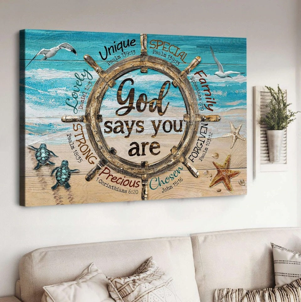 Ship Wheel Sea Turtle God Says You Are Canvas Wall Art – Christian Poster – Religious Wall Decor