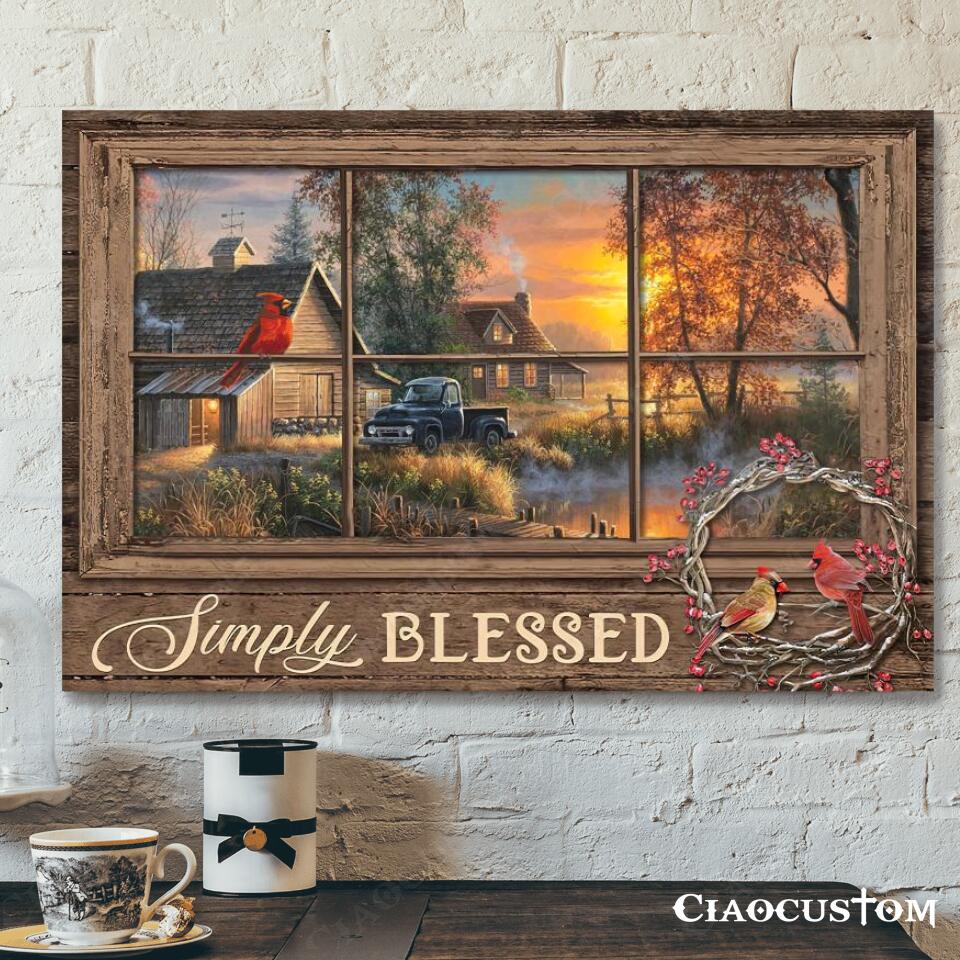 Simply Blessed – Car And Cardinal Bird Painting – Faith Canvas – Bible Verse Canvas – Christian Canvas Wall Art