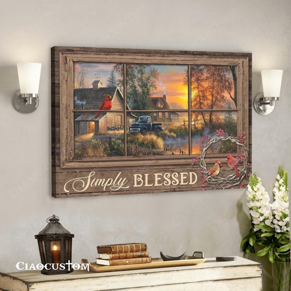 Simply Blessed – Car And Cardinal Bird Painting – Faith Canvas – Bible Verse Canvas – Christian Canvas Wall Art