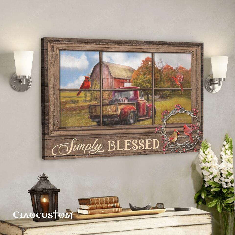 Simply Blessed – Cardinal Bird And Car – Christian Canvas Wall Art – Faith Canvas – Bible Verse Canvas