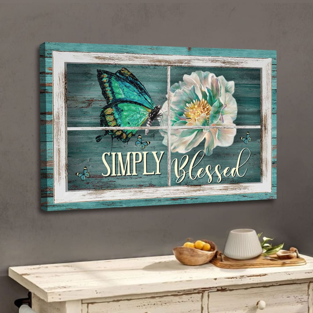 Simply Blessed Wall Art Canvas, Butterfly Camellia Flower Christian Art, Christian Wall Decor – Religious Wall Decor