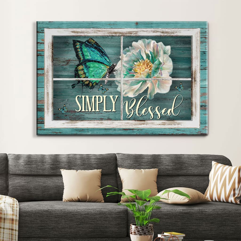 Simply Blessed Wall Art Canvas, Butterfly Camellia Flower Christian Art, Christian Wall Decor – Religious Wall Decor