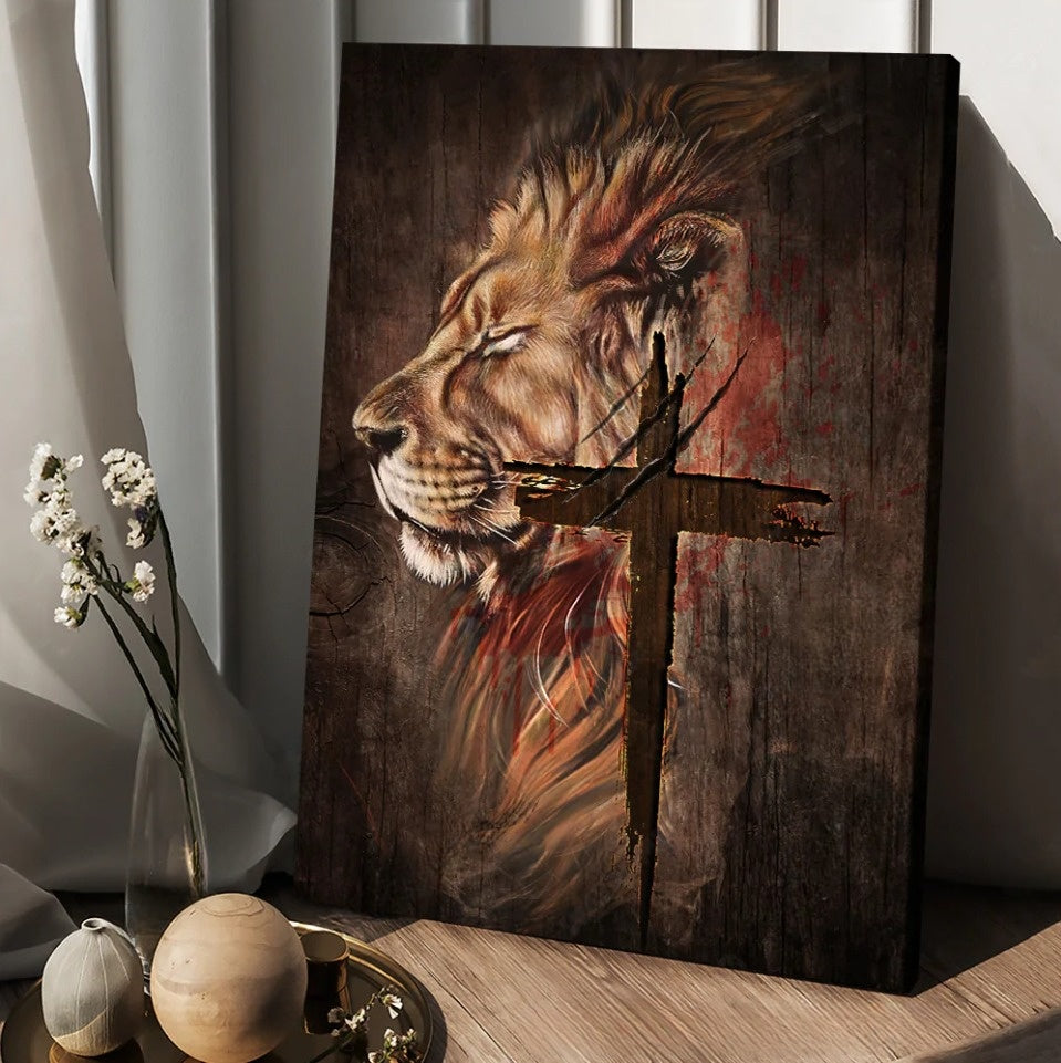 Stunning Lion Face Antique Cross Canvas Wall Art – Christian Wall Posters – Religious Wall Decor